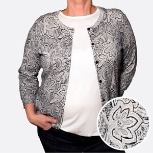 Talbots Navy Cream Paisley Cardigan 100% Cotton Knit Sweater 0X L Button Up NWT